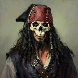 masterpiece painting of a pirate lord with long black beard long black hair wearing a skull mask, featured in artstation, concept art by Greg Rutkowski, WLOP, Dan Mumford, Christophe Vacher