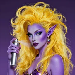 Glam hair, rococo, 80s hair, Elf with purple  skin, androgynous man, feminine man, alien skin, purple elf, purple, purple-skinned elf, yellow hair, hairspray, big hair, wild hair, glam make-up, 80s, illustration, fantasy art, trending on ArtStation, 1980s fantasy art