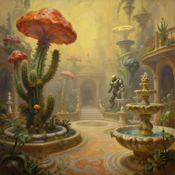 an oil painting by donato giancola, warm coloured, cinematic scifi luxurious futuristic foggy biomechanical victorian garden courtyard with bulbous alien floral fungi cactus growing out of pretty ceramic baroque fountains, beeple, halo, star wars, ilm, star citizen, halo, mass effect, artstation, atmospheric perspective