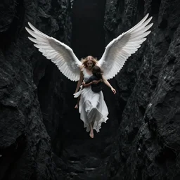 A angelic woman with big wings flying out of a completely black ravine while carrying someone