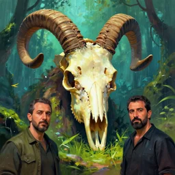 ismail inceoglu and jama jurabaev's concept art, cel shadow, film shooting, trends on artstation, high quality, brush strokes, bright colors, giant demon goat skull in mysterious rainforest