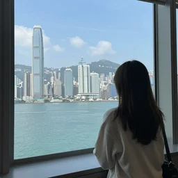 a person watching the bay and mountains of hong kong from the windows of a high - rise skyscrapper