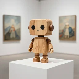 ultra realistic 8k octan photo wooden art toyz on piedestal very cute robot zen on a contemporary art gallery Michael Lau Ciboys