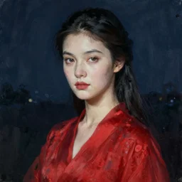 portrait of a female with a red gown, extreme fine detail background, night, highly detailed, high quality, digital painting, hyperrealistic, by jeremy mann and mark ryden