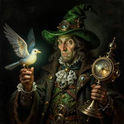 a baroque close - up portrait painting of a dark green whimsical steampunk wizard with holding a glowing bird and a time machine. black background. negative light. highly detailed science fiction painting by norman rockwell, moebius, frank frazetta, and syd mead. high contrast. renaissance masterpiece. artstation