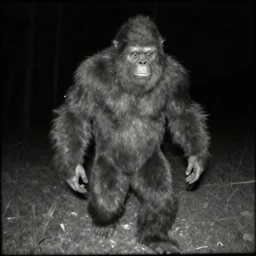 footage of a sasquatch caught on a wildcamera, black and white, blurry footage, wild camera, night