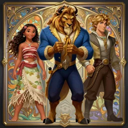 characters from disney's beauty and the beast mixed with moana, d & d, fantasy, intricate, elegant, highly detailed, digital painting, artstation, concept art, matte, sharp focus, illustration, hearthstone, art by artgerm and greg rutkowski and alphonse mucha
