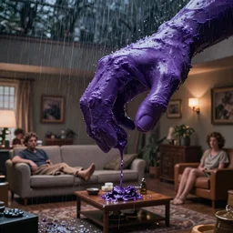 cinestill of a giant hand made of purple wax float through the living room film still from the movie directed by denis villeneuve with art direction, pouring rain menacing lights shadows, 8 k, hd, high resolution, 3 5 mm, f / 3 2, ultra realistic faces, lost highway