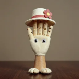 a hand puppet that is actually a hand, it has cute eyes and little feet at the fingertips, many fingers, it's wearing a cute little hat with a flower on it, old photo, expired color film, 1975