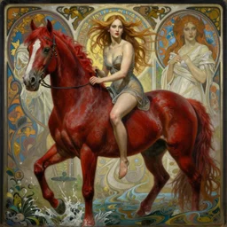 jennifer lawrence on the road to hell in the style of bathing the red horse by petrov vodkin, oil painting, digital painting, concept art, smooth, sharp focus, intricate details, eerie, highly detailed, photorealistic, octane render, 8 k, unreal engine. art by artgerm and greg rutkowski and alphonse mucha