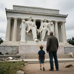 father and son visiting destroyed lincoln memorial, cloudy day, hyperdetailed, artstation, cgsociety, 8 k