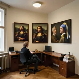 a cozy little office nook, dmitry spiros, leonardo da vinci, jacques - louis david, johannes vermeer, 8 k, wide angle,