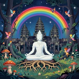 meditation, samadhi, enchanted cosmic forest, roots from angkor wat, mushrooms on the ground, small fairies, stars in the sky, butterflies, rainbows, vector art, optical illusion, heavenly underwater, 4 k, fantasy poster by helen huang and frank frazetta and salvador dali