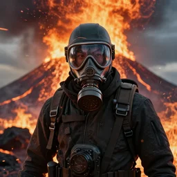 a gas masked riot looking to camera in a volcano and it's fire raining, digital art, photo-realistic, 8k