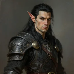 character design, portrait of a attractive half elf half orc male with long black hair and proeminent cheekbones, medieval, dark armor, tribal, painting by wlop, nixeu and greg rutkowski, beautiful, cgsociety, semirealism, artstation, octane render, sharpness, 8 k, golden ratio