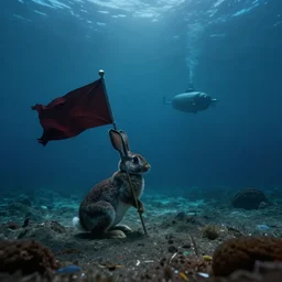 rabbit holding a flag in an underwater desert. a submarine is visible in the distance. dark, concept art, cinematic, dramatic, atmospheric, 8 k, trending on artstation, blue, fish, low visibility, fog, ocean floor, christopher nolan, interstellar