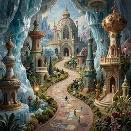 beguiling epic stunning beautiful insanely detailed matte painting of an impossible path winding through arctic dream worlds with surreal architecture designed by heironymous bosch, structures inspired by heironymous bosch's garden of earthly delights, surreal ice interiors by cyril rolando and asher durand and natalie shau, whimsical, ornate