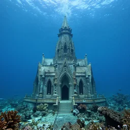 a photograph of an underwater cathedral at the bottom of the ocean surrounded by mermaids, by david lachapelle, photorealistic, octane render, unreal engine, 4 k, smooth lighting, subaquatic photography,