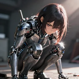 anime tired damaged cyborg girl angry crouching detailed rendering realistic depth of field lens flare photo by Leica Zeiss hd with frank Miller Alex Ross giger style trending Flickr