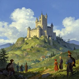 fantasy landscape hill with a small hyper realistic castle, dappled lighting blue sky with clouds illustration by kim jung giu weta studio, mucha, bautista and norman rockwell and greg rutkowski and tom bagshaw and james gurney and lucasfilm