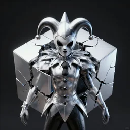 front shot of a court jester character ominous fractal hyper cubes platinum cracked dark future realistic holo fluid edges intricate extraordinary detailed concept artstation sharp focus ray tracing cinematic masterpiece fine portrait