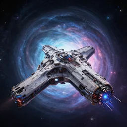 cyberpunk space ship, highly detailed, masterpiece, artstation, art by emika lightweaver, made of the universe itself, entering a portal to another dimension