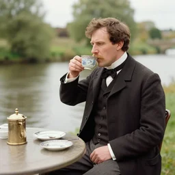 a 1 8 9 0 s photograph victorian gentleman drinking tea next to a river
