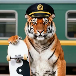 Portrait of a tiger wearing a train conductor’s hat and holding a skateboard that has a yin-yang symbol on it.