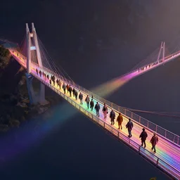 incredible, mindblowing, refugees crossing a beautiful bridge made of rainbow hardlight, matte painting, artstation, cgsociety, dramatic lighting, concept art, octane render, arnold 3 d render