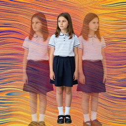 by irma stern perspective, decorative double exposure. conceptual art. a young girl stands in the center of the frame, looking off to the side. she wears a school uniform with a short skirt & a striped shirt. the background is a vivid, with wavy lines running through it.