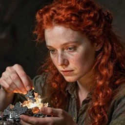 a woman mining minerals, detailed face, redhead, by greg rutkowski, mandy jurgens