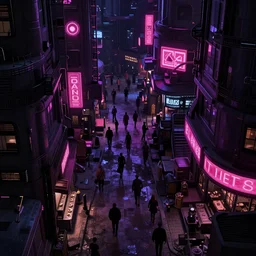 crowded small cyberpunk!! street at night with shops and bars, dark purple!! and pink neons, shadows, very dark!!, shady characters, dirty, poor, futuristic
