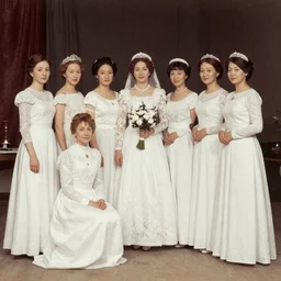 a wide full shot, russian and japanese mix historical fantasy of a photograph taken of the bridesmaids, photographic portrait, warm lighting, 1 9 0 7 photo from the official wedding photographer for the royal wedding.