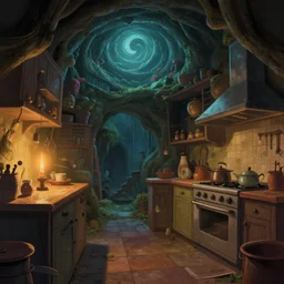 naive nerikomi, weird perspective, cel shading, detailed illustration of a kitchen dim lit by 1 candle in a scenic spiral environment from lorax movie, trending artstation