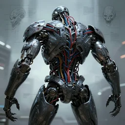 terrifying ominous evil cyborg charging behind the neck, hyper detailed schematics neural sci fi, wires and cables from the back of the neck, high octane cybernetics, featured on cgsociety, ultra 4 k concept turnaround