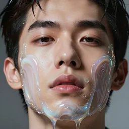 extreme close up of gorgeous hyperrealistic male face melts like iridescent ice cream, digital art masterpiece, highly detailed neo pop surrealism, jason limon kay sage hannah yata, dramatic lighting, low angle, uhd 8 k, sharp focus