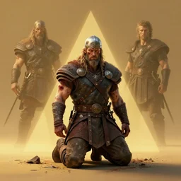 aesthetic 3 d model of a wounded viking warrior on his knees by anne stokes, greg rutkowski, and brian belledin : 1 | dirty and bloody, concept art, character concept, matte background, golden ratio, rule of thirds, golden hour lighting, unreal engine, finalrender, centered, deviantart : 0. 9 | fantasy, artgerm, and larry elmore : 0. 5