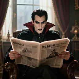 vampire reading the newpaper in a sunroom