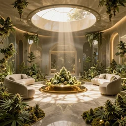 neat cannabis space, luxury interior by neville page, ralph mcquarrie, global illumination, radiant light