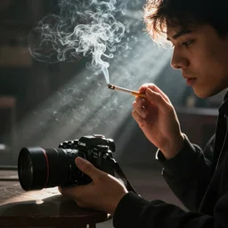 a professional photographer lit cigarette with sun rays shining through the smoke, dramatic lighting, canon t 6