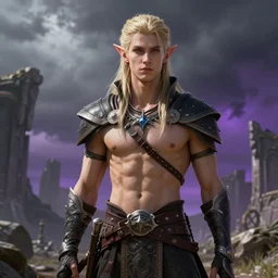 portrait of a slim young male elf from dragon age inquisition, ancient ruins in background, storm sky, gradient gray to purple, realistic, art by rtgerm, matt rhodes and nick thornborrow, concept art, digital art, high detailed, smooth, sharp focus illustration, volumetric light, artstation