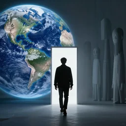 a person entering the backrooms. on the left there is earth, on the right there is the backrooms. he is entering a new dimension.