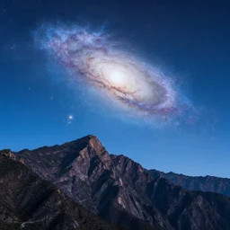 vertical, mountains, limit, universe, galaxy, upwards, photo, blue sky, realistic, highly detailed, cinematic