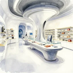 watercolor and pencil, futuristic store interior with display tables, by krenz cushart