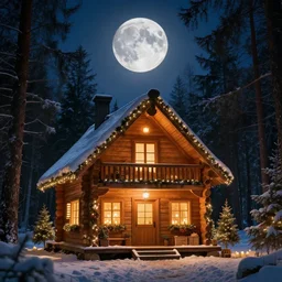 a beautiful candle lit christmas decorated wooden house standing in a beautiful forest, a big moon in the sky, photorealistic