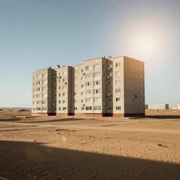 A soviet-era residential block standing in the middle of an empty desert, sunny weather
