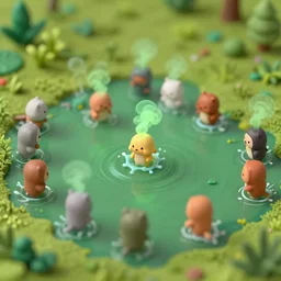 heavy tilt-shift isometric swampy swamp, cute swamp creatures splashing about,  puffs of green smoke, Alena Aenami, Petros Afshar, Noah Bradley, Anton Fadeev, Anato Finnstark, Steve Henderson, Filip Hodas, Mark Keathley, Thomas Kinkade, Phil Koch, Gilbert Williams, Mike Winkelmann, Beeple
