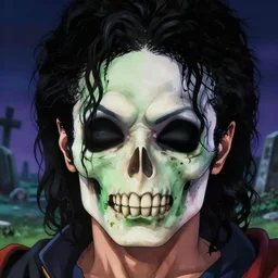 michael jackson!!!! realistic dramatic !big face realistic close up concept art  of michael jackson subtle skull green closed mouth zombie as a dragon ball Z  character,dark eye sockets,  graveyard landscape at night , 4k anime character illustration by akira toriyama, artstation