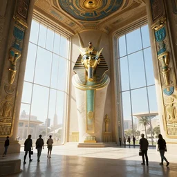 the inside of a monument with egyptian motifs, by tim blandin and arthur haas and bruce pennington and john schoenherr, big windows architecture by zaha hadid, octane render, cinematic, scenery, cgsociety, modernism, futuristic, trending on artstation, sci - fi, high detail, high quality, sharp focus, close up angle, people walking, shadow of the tomb rider