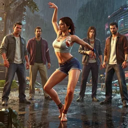 highly detailed a woman dancing in the rain, in gta v, stephen bliss, unreal engine, fantasy art by greg rutkowski, loish, rhads, ferdinand knab, makoto shinkai and lois van baarle, ilya kuvshinov, rossdraws, tom bagshaw, global illumination, radiant light, detailed and intricate environment